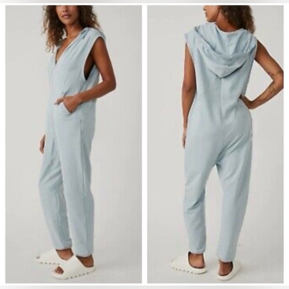 Free People Movement Nothing but Sweat Hooded Jumpsuit ~ Artic Blue